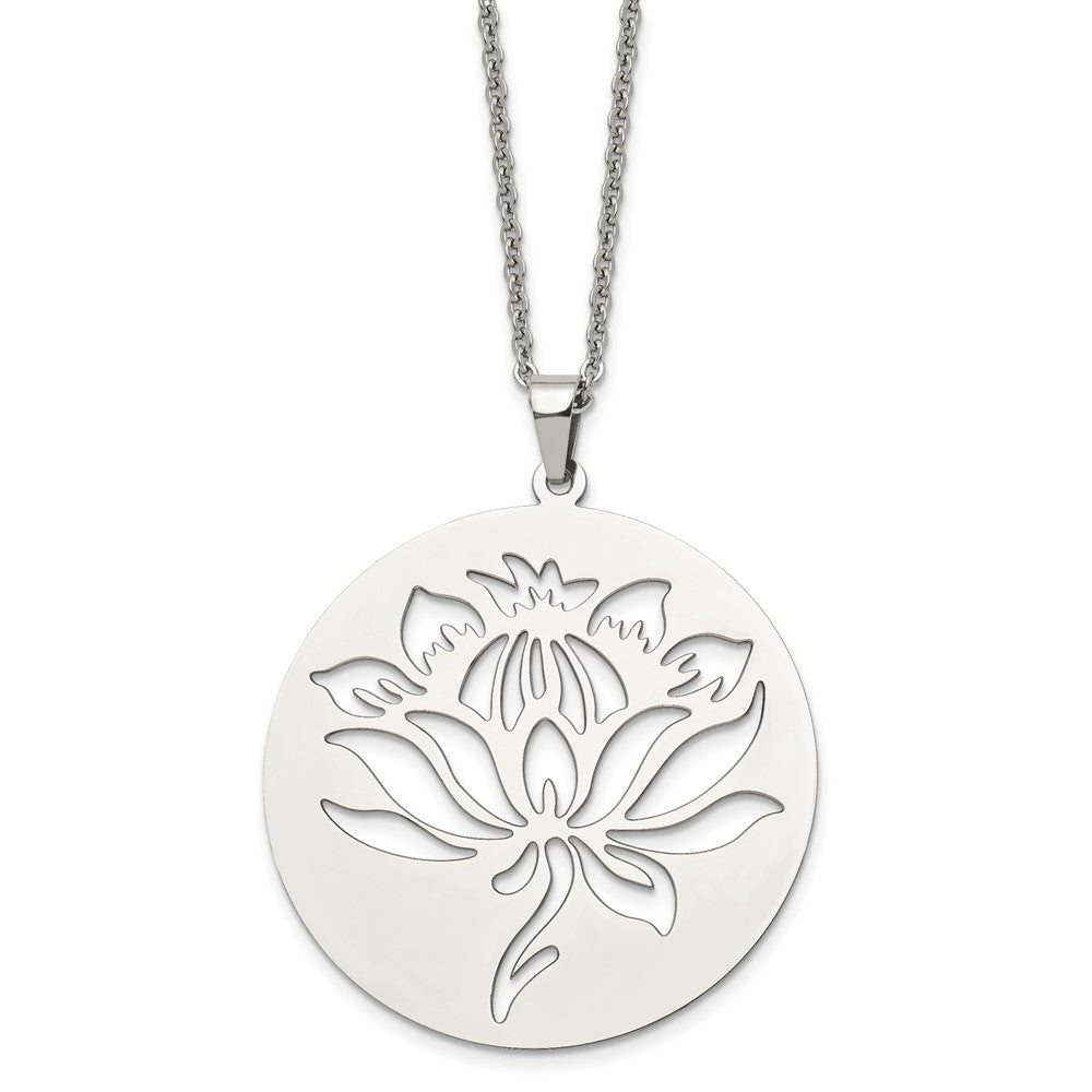 Chisel Stainless Steel Polished Flower Cut-out Circle Pendant on a 22-inch Cable Chain Necklace