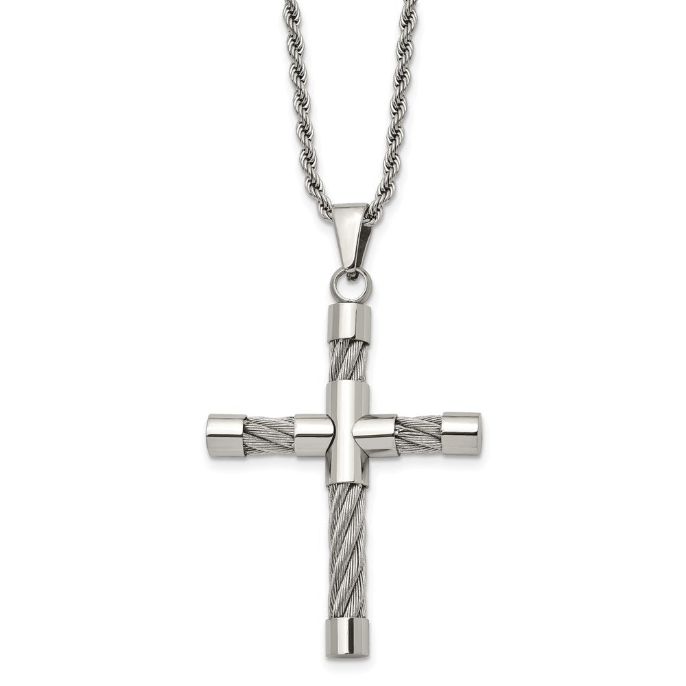 Chisel Stainless Steel Polished & Textured with Cable Cross Pendant on a 22-inch Rope Chain Necklace