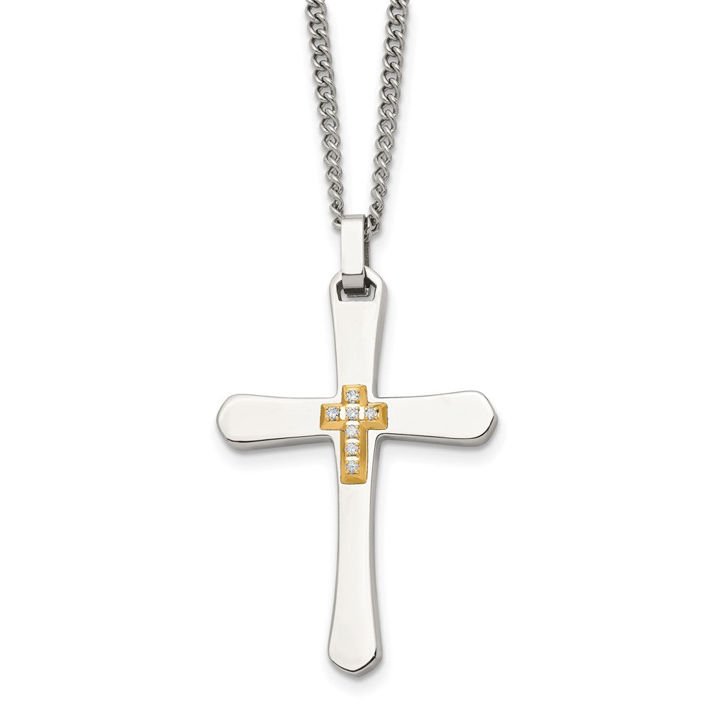 Chisel Stainless Steel Polished with 14k Gold Accent 1/15 carat Diamond Cross Pendant on a 22-inch Curb Chain Necklace