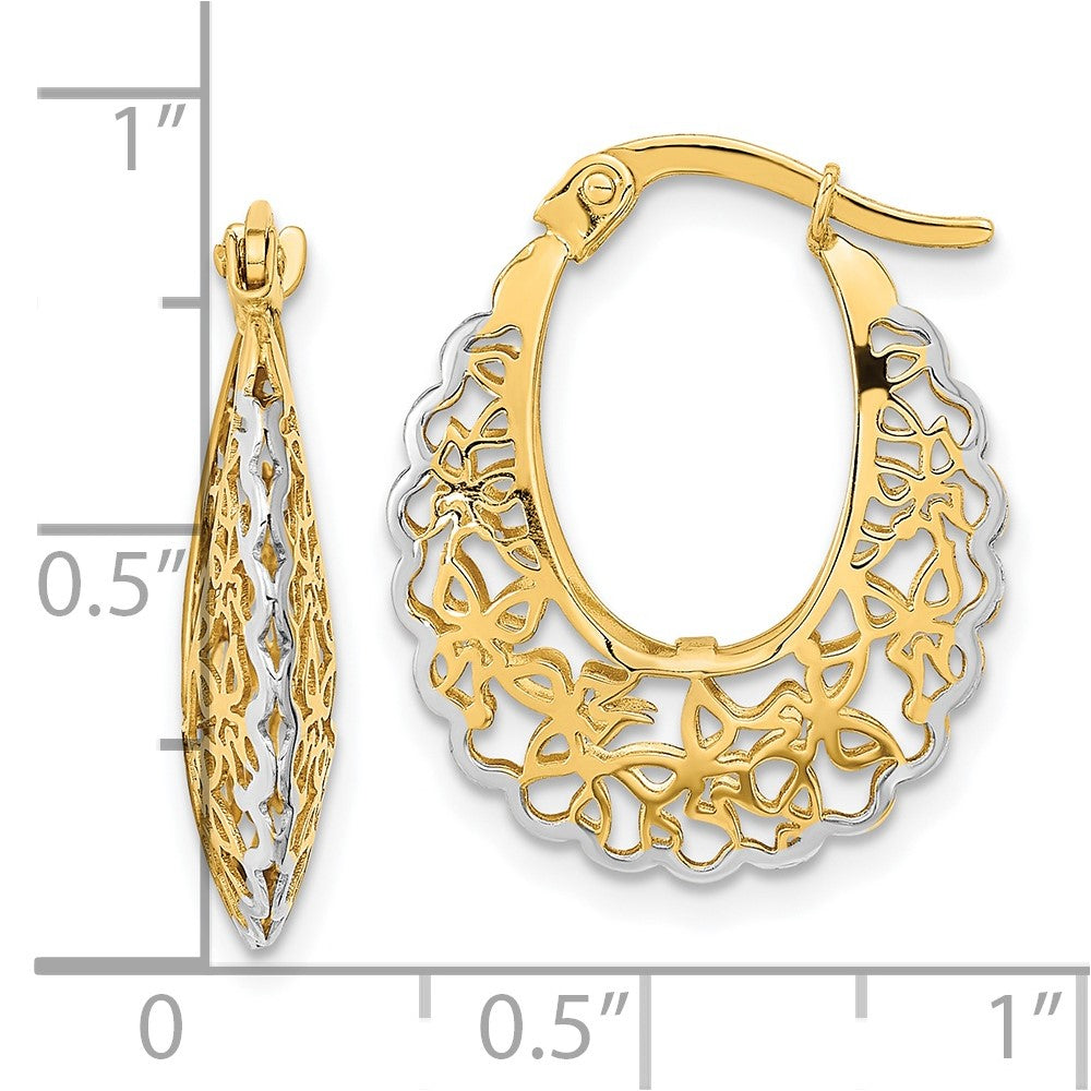 -Plated Polished Filigree Hoop Earrings in Rhodium-Plated 14k Yellow Gold