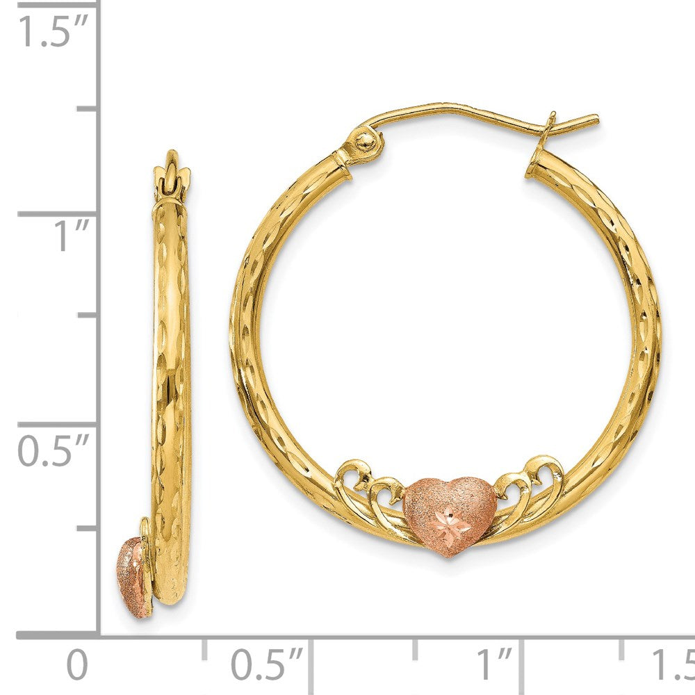 Rose Heart Diamond-cut Hoop Earrings in 14k Yellow & White Gold