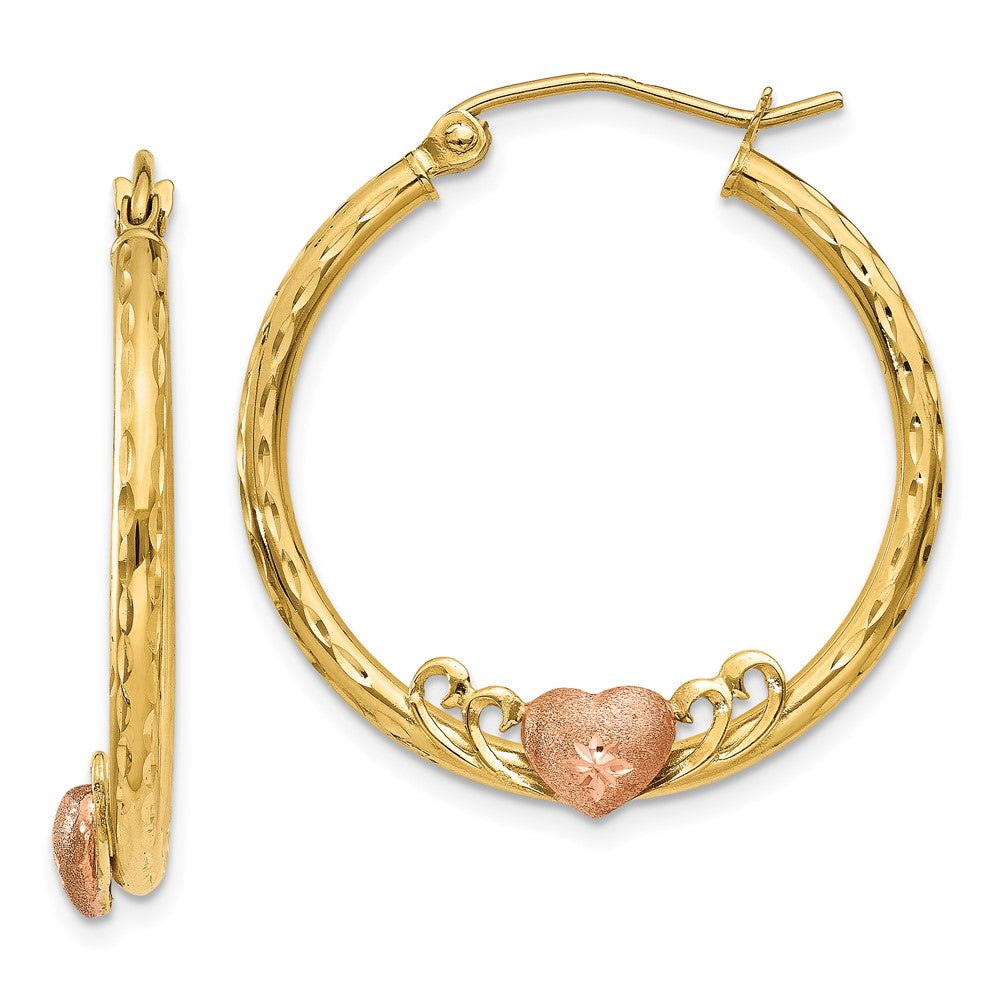 Rose Heart Diamond-cut Hoop Earrings in 14k Yellow & White Gold
