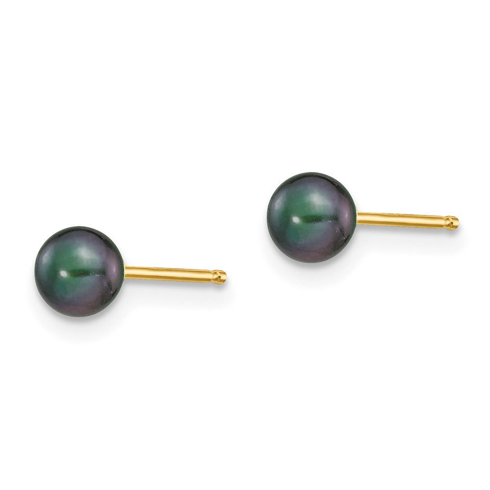 4-5mm Black Round Freshwater Cultured Pearl Stud Post Earrings in 14k Yellow Gold