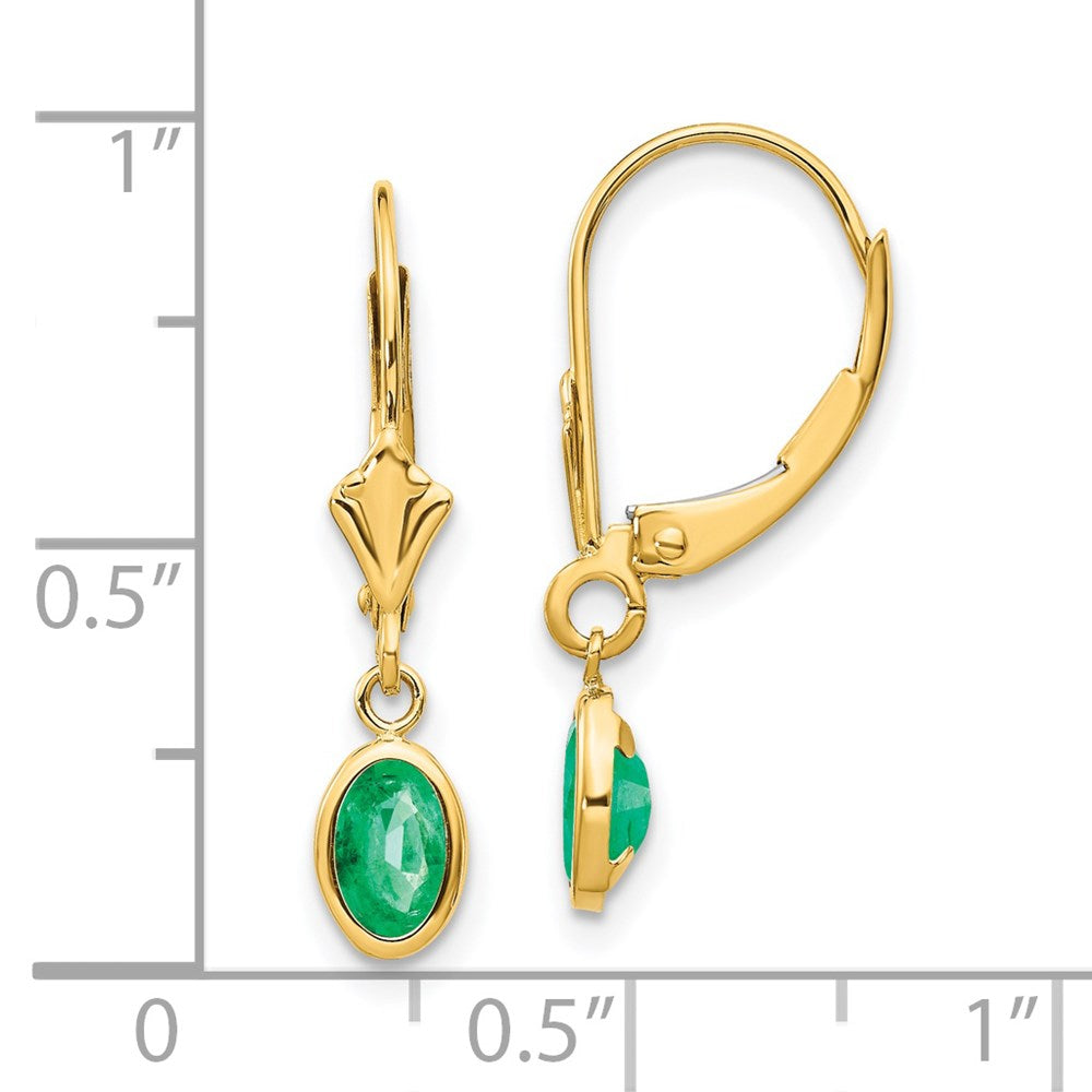 6x4 Oval Bezel May/Emerald Leverback Earrings in 14k Yellow Gold