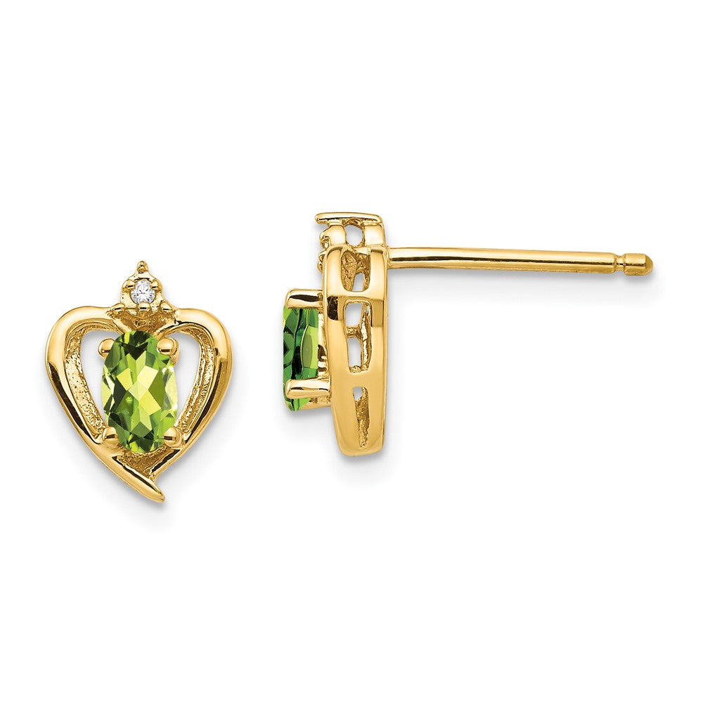 Peridot & Diamond Heart Earrings in 14k Yellow Gold