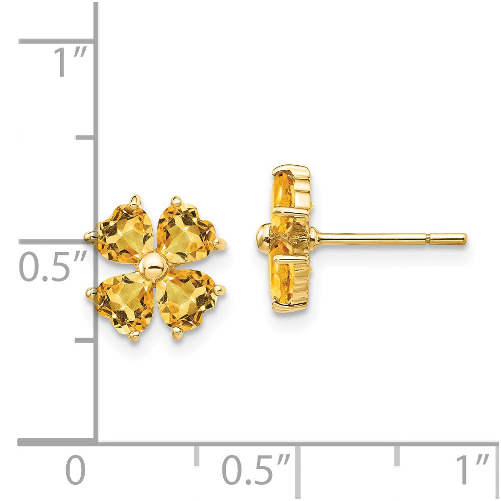 Heart-shaped Citrine Flower Post Earrings in 14k Yellow Gold