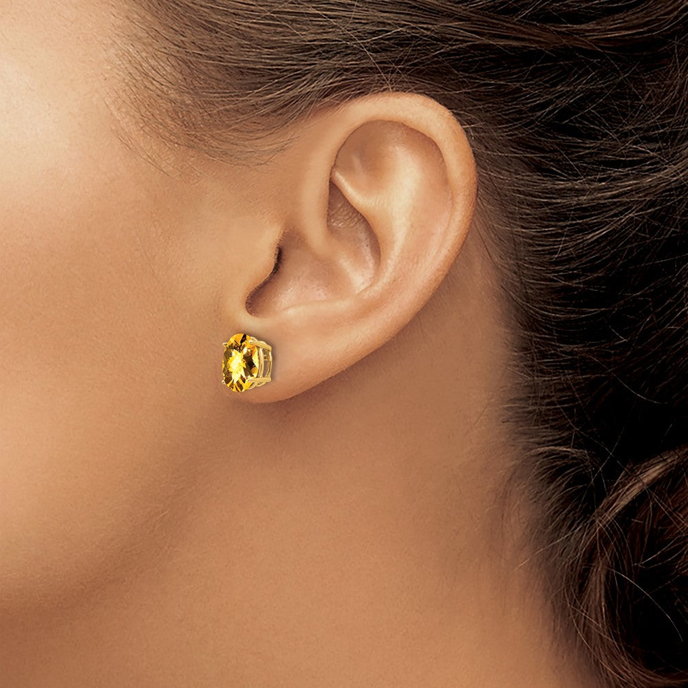 9x7mm Oval Citrine Checker Earrings in 14k Yellow Gold