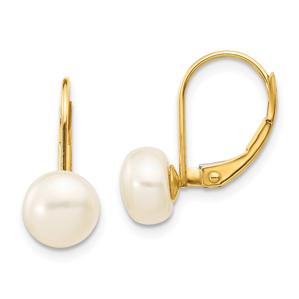 7-8mm White Button Freshwater Cultured Pearl Leverback Earrings in 14k Yellow Gold