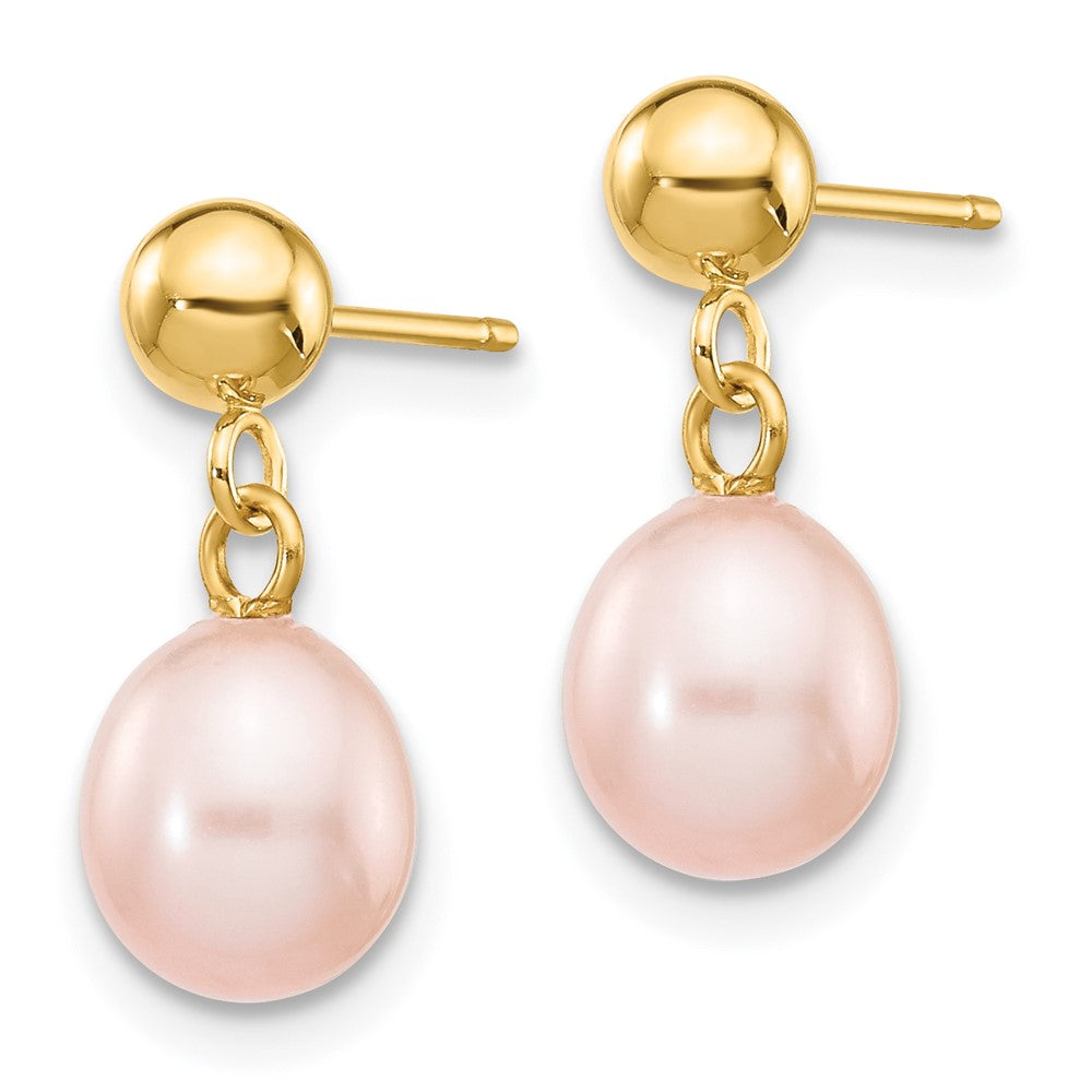 6-7mm Pink Rice Freshwater Cultured Pearl Dangle Post Earrings in 14k Yellow Gold