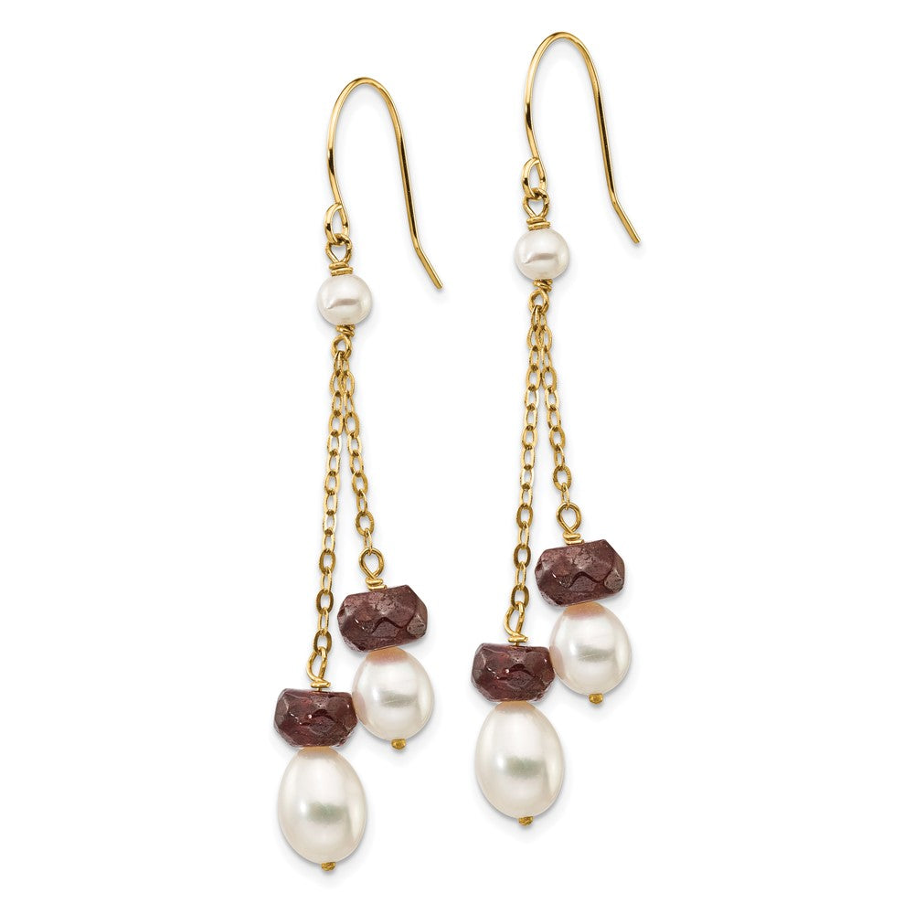 White Freshwater Cultured Pearl Garnet Double Chain Dangle Earrings in 14k Yellow Gold