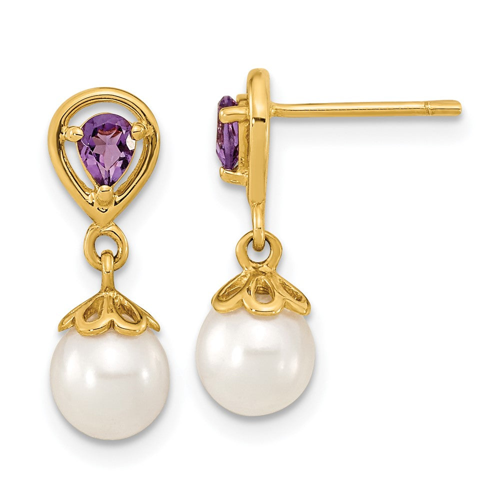 6-7mm White Round Freshwater Cultured Pearl Amethyst Post Dangle Earrings in 14k Yellow Gold