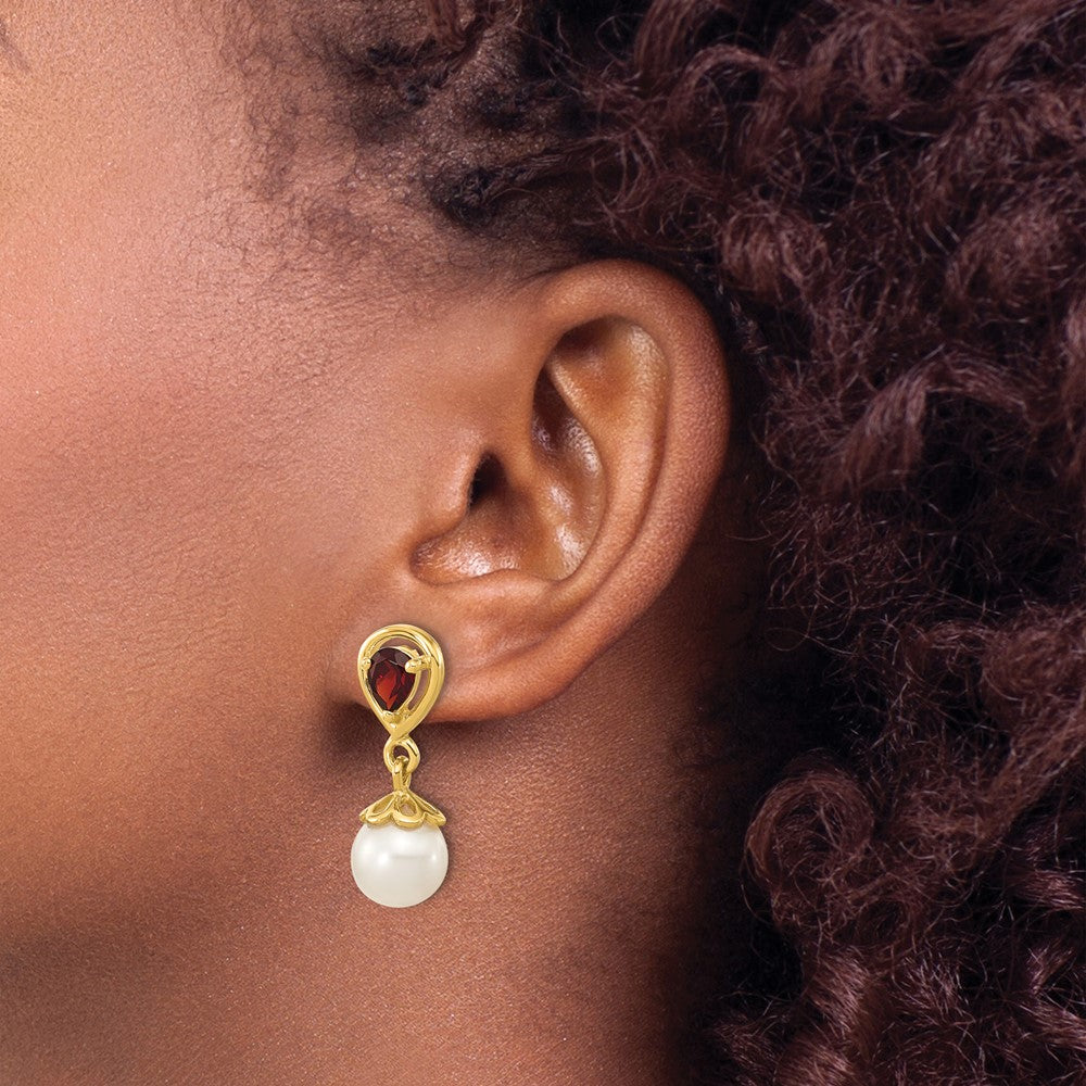 6-7mm Freshwater Cultured Pearl Mozambique Garnet Dangle Post Earrings in 14k Yellow Gold