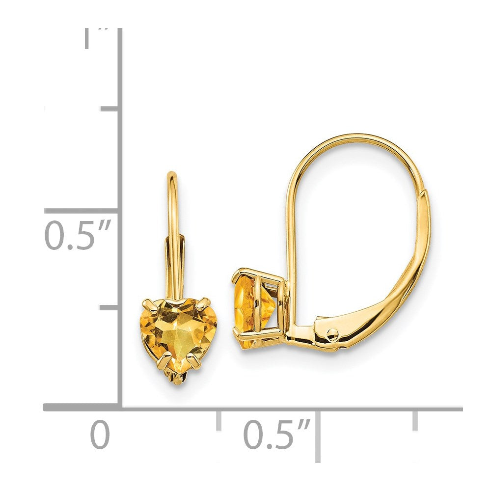 5mm Heart Citrine Leverback Earrings in 14k Yellow Gold