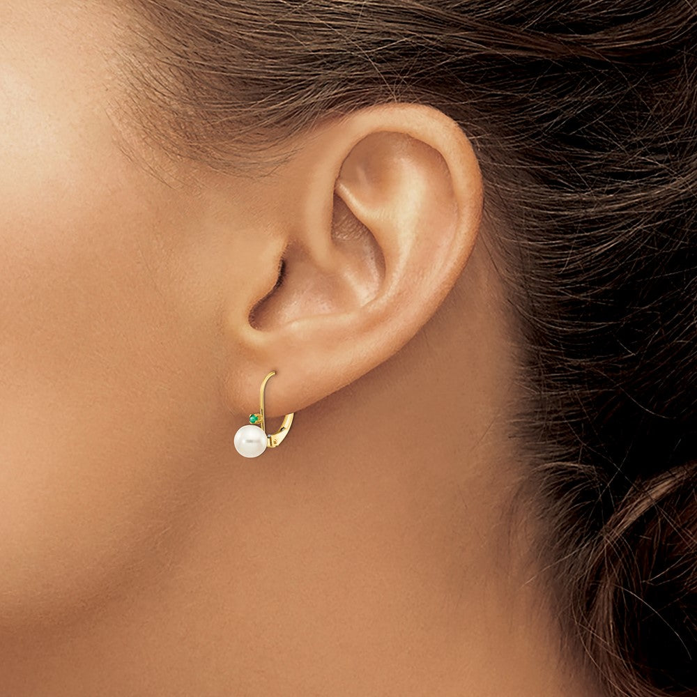 5-5.5mm White Round Freshwater Cultured Pearl Emerald Leverback Earrings in 14k Yellow Gold