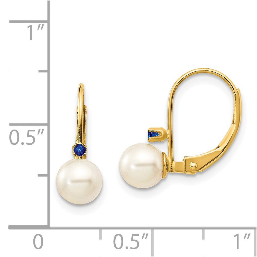 5-5.5mm White Round Freshwater Cultured Pearl Sapphire Leverback Earrings in 14k Yellow Gold