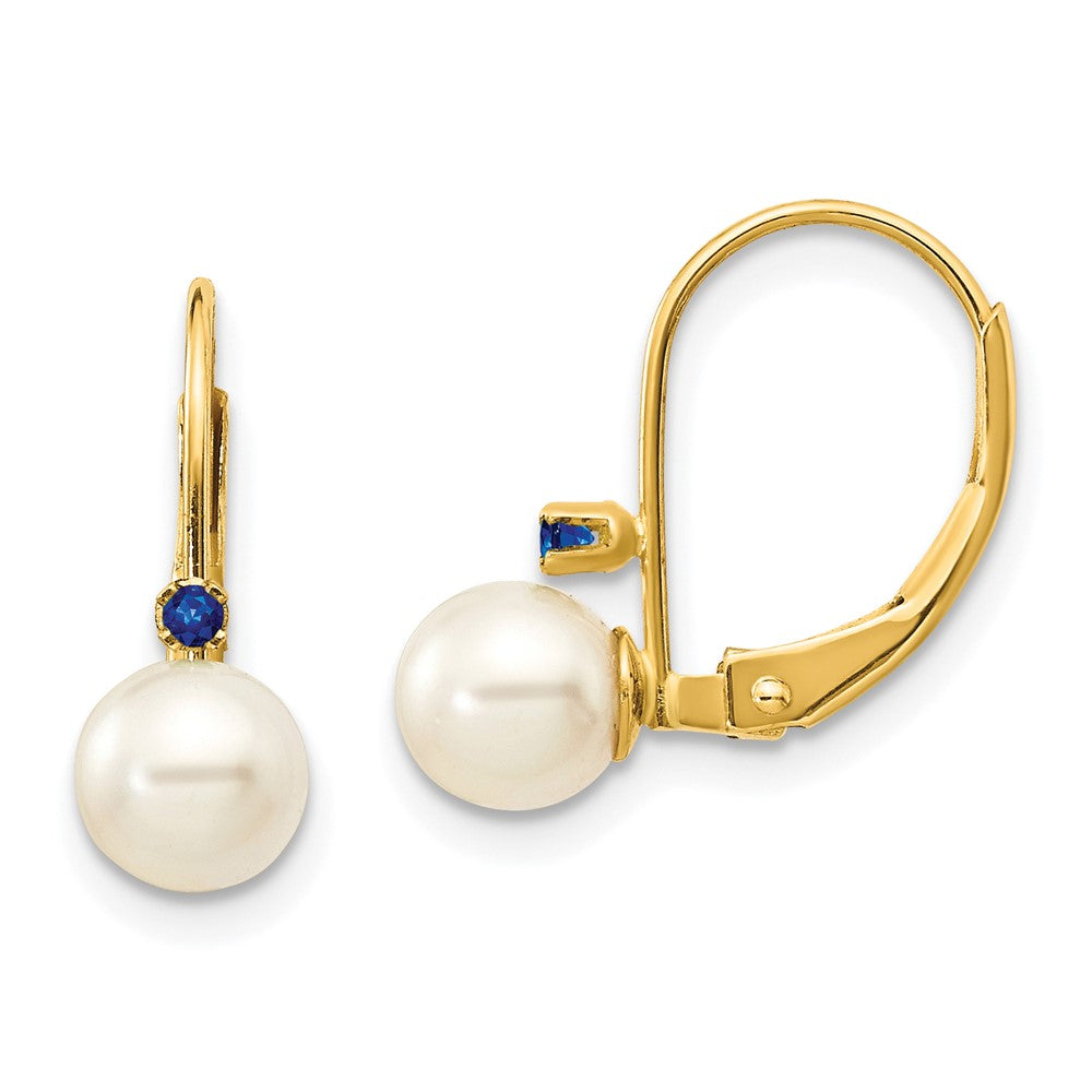 5-5.5mm White Round Freshwater Cultured Pearl Sapphire Leverback Earrings in 14k Yellow Gold