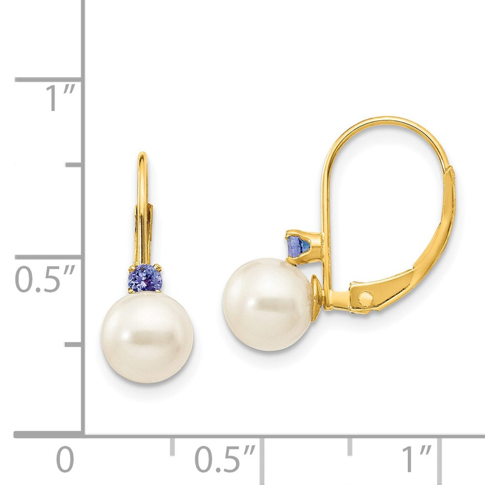 6-6.5mm White Round Freshwater Cultured Pearl Tanzanite Leverback Earrings in 14k Yellow Gold