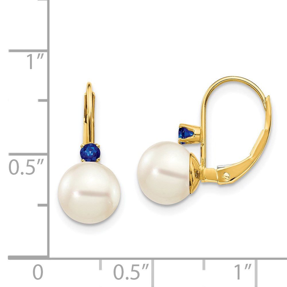 7-7.5mm White Round Freshwater Cultured Pearl Sapphire Leverback Earrings in 14k Yellow Gold
