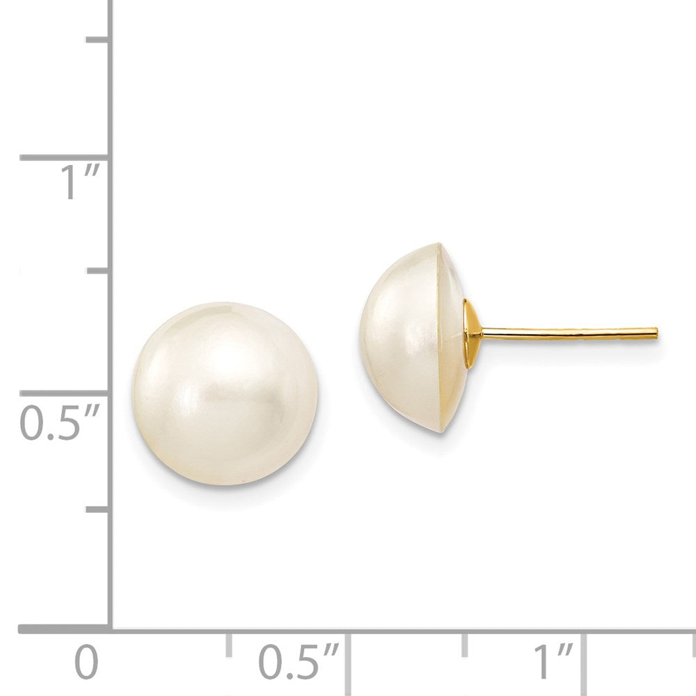 10-11mm White Freshwater Cultured Mabe Pearl Post Earrings in 14k Yellow Gold