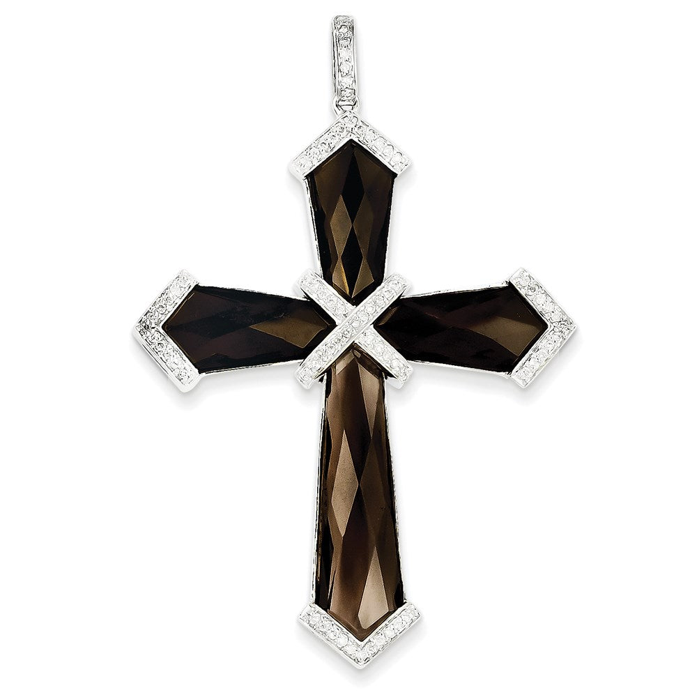 Diamond & Smoky Quartz Cross Pendant in 14k White Gold