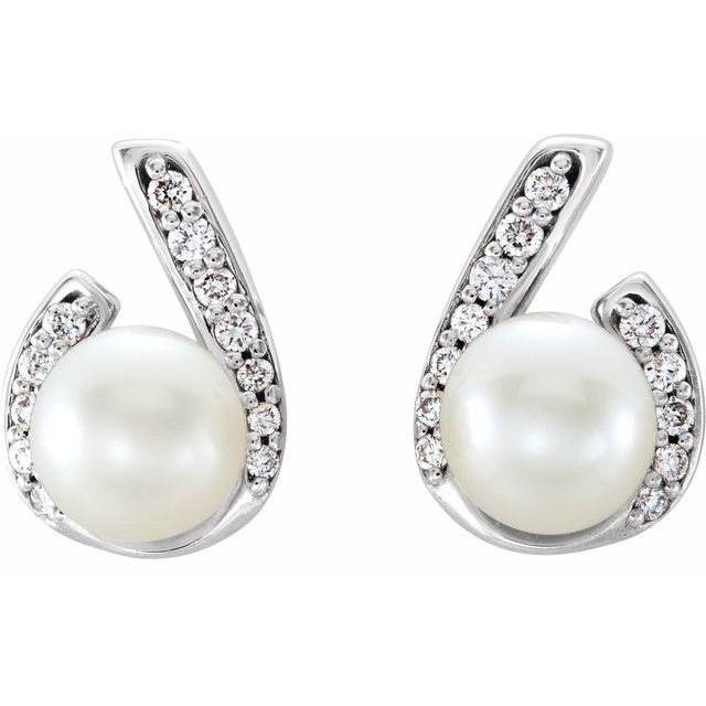Cultured White Freshwater Pearl & 1/10 CTW Natural Diamond Earrings