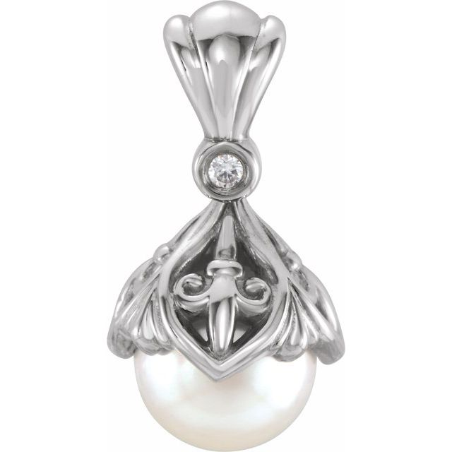 Cultured Freshwater Pearl & .02 CTW Natural Diamond Fleur-de-lis Pendant
