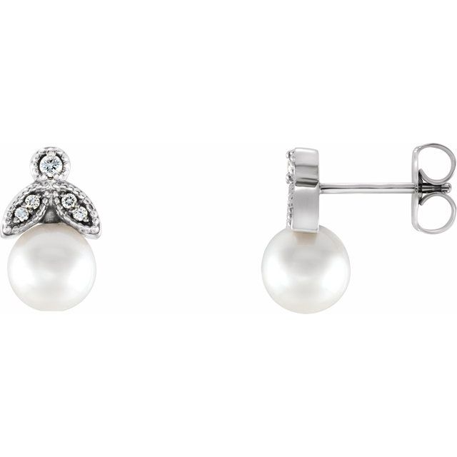 Cultured White Freshwater Pearl & .06 CTW Natural  Diamond Earrings