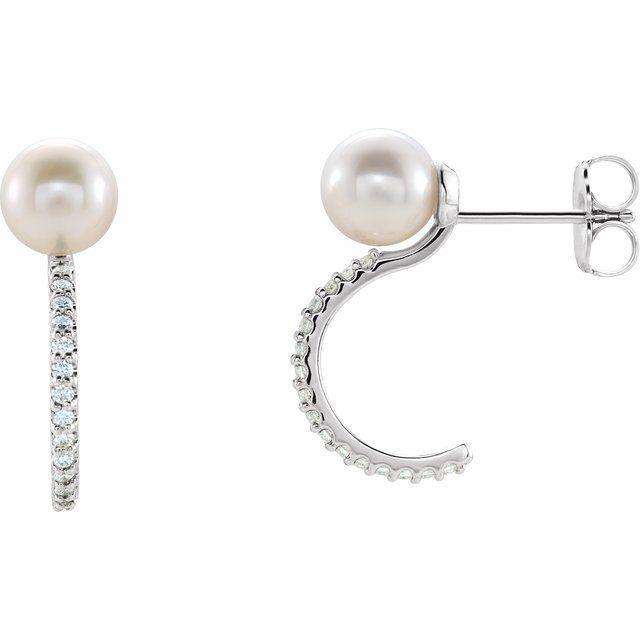 Cultured White Freshwater Pearl & 1/6 CTW Natural Diamond Hoop Earrings