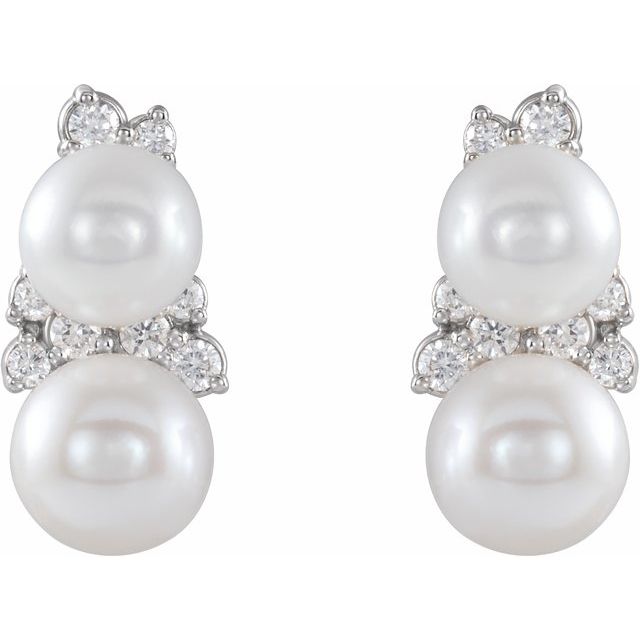 Cultured White Freshwater Pearl & 1/10 CTW Natural Diamond Ear Climbers