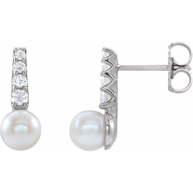 Cultured White Freshwater Pearl & 1/6 CTW Natural Diamond Earrings
