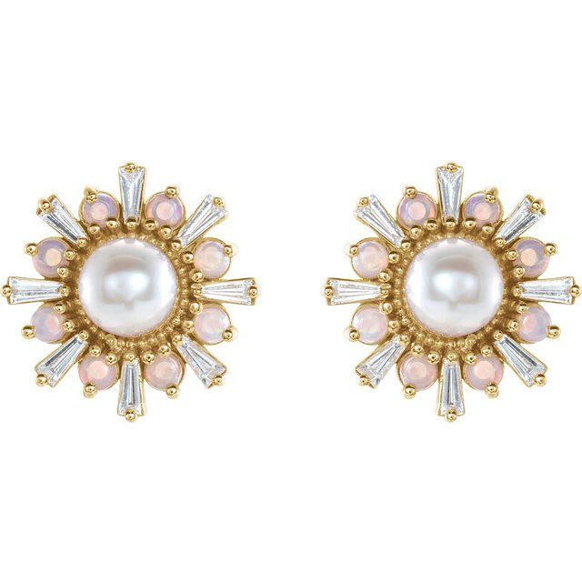 Cultured White Akoya Pearl, Natural White Opal & 1/6 CTW Natural Diamond Earrings