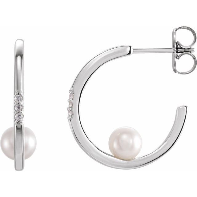 Cultured White Freshwater Pearl & .025 CTW Natural Diamond Hoop Earrings