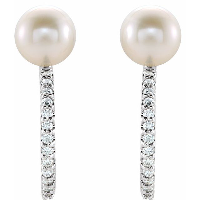 Cultured White Freshwater Pearl & 1/6 CTW Natural Diamond Hoop Earrings