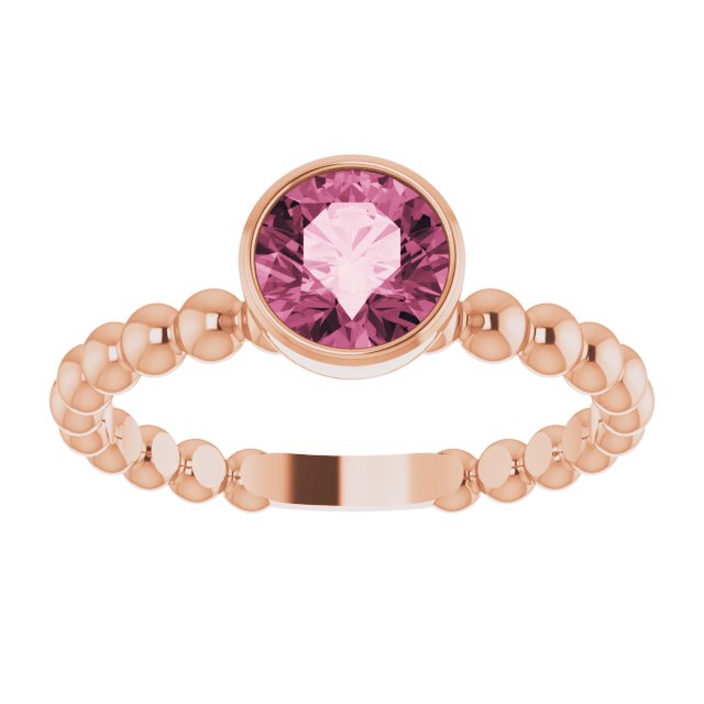 Round Natural Pink Tourmaline Family Beaded Stackable Ring