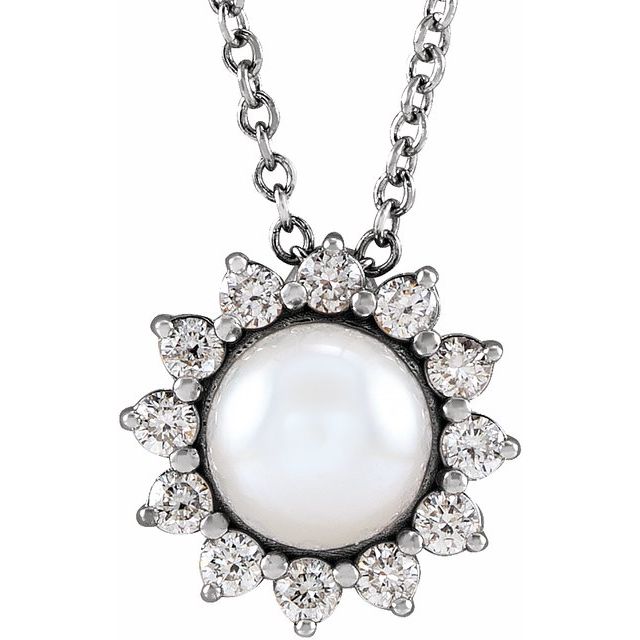 Cultured White Akoya Pearl & 1/6 CTW Natural Diamond Halo-Style Necklace