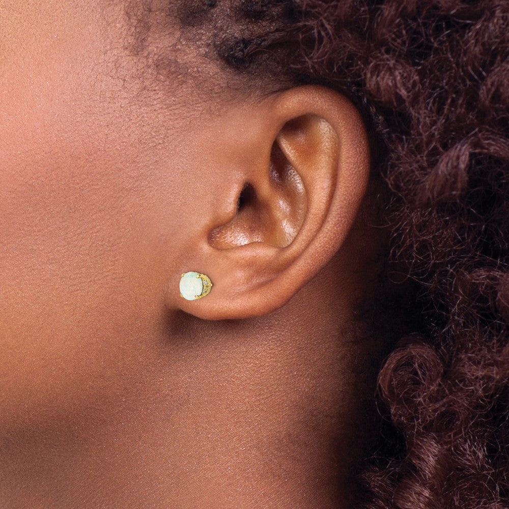 Tiara Collection Polished Diamond Lab Created Opal Post Earrings in 10k Yellow Gold