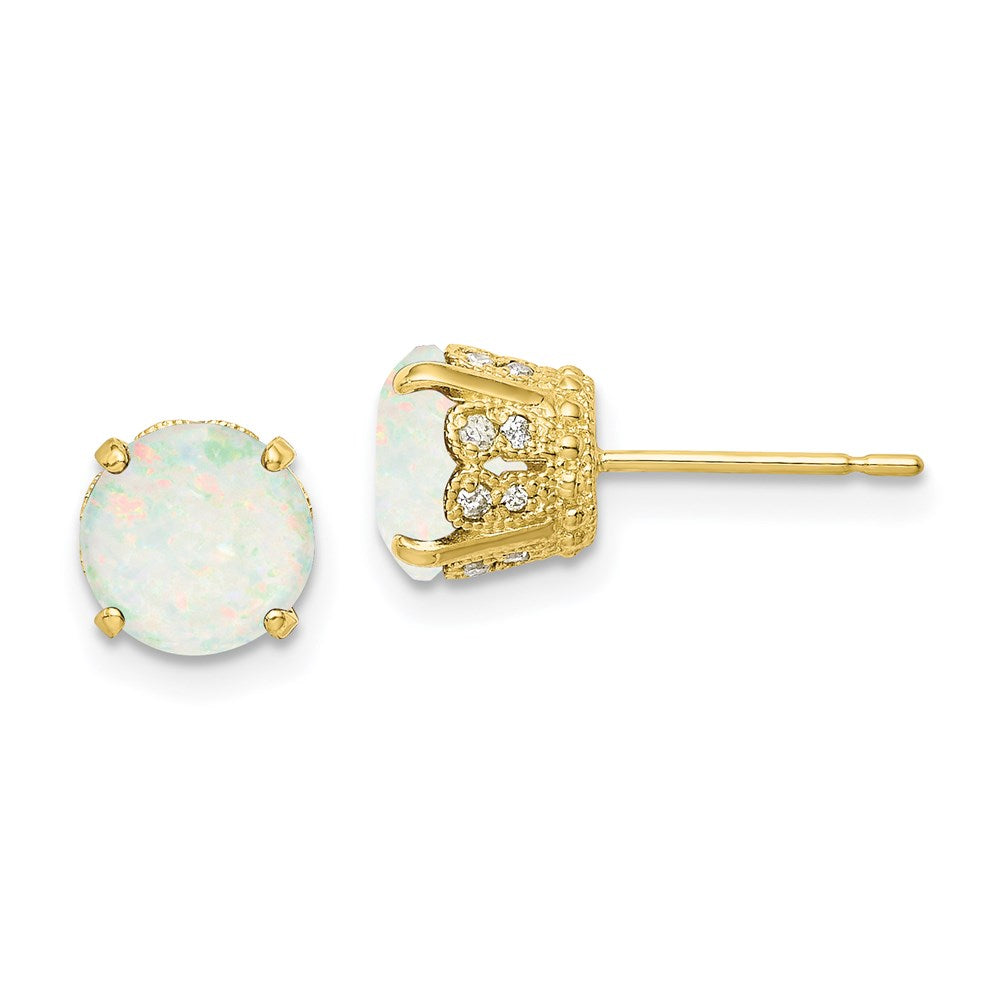 Tiara Collection Polished Diamond Lab Created Opal Post Earrings in 10k Yellow Gold