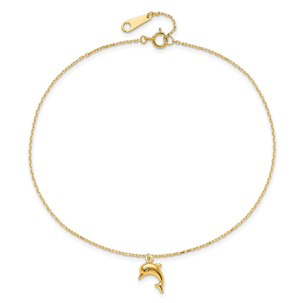 Dolphin Charm 9in with 1in Extension Anklet in 14k Yellow Gold