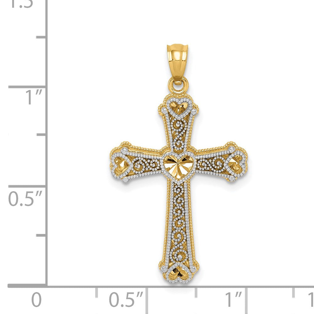 Two-tone Hearts Cross Pendant in 14k Yellow & White Gold