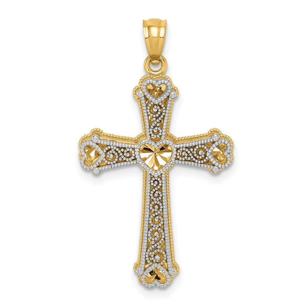 Two-tone Hearts Cross Pendant in 14k Yellow & White Gold