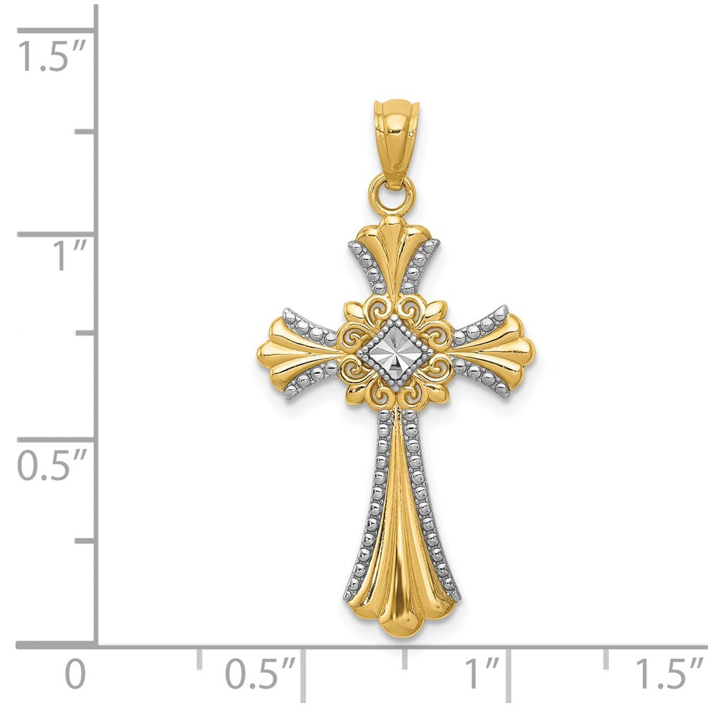 Diamond-Cut Cross Pendant in Rhodium-Plated 14k Yellow Gold