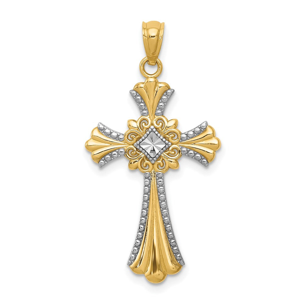 Diamond-Cut Cross Pendant in Rhodium-Plated 14k Yellow Gold