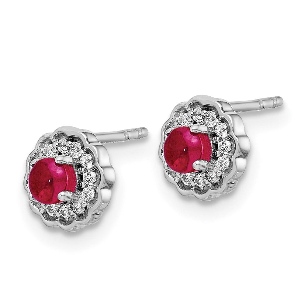 Diamond & Cabochon Ruby Earrings in 14k White Gold