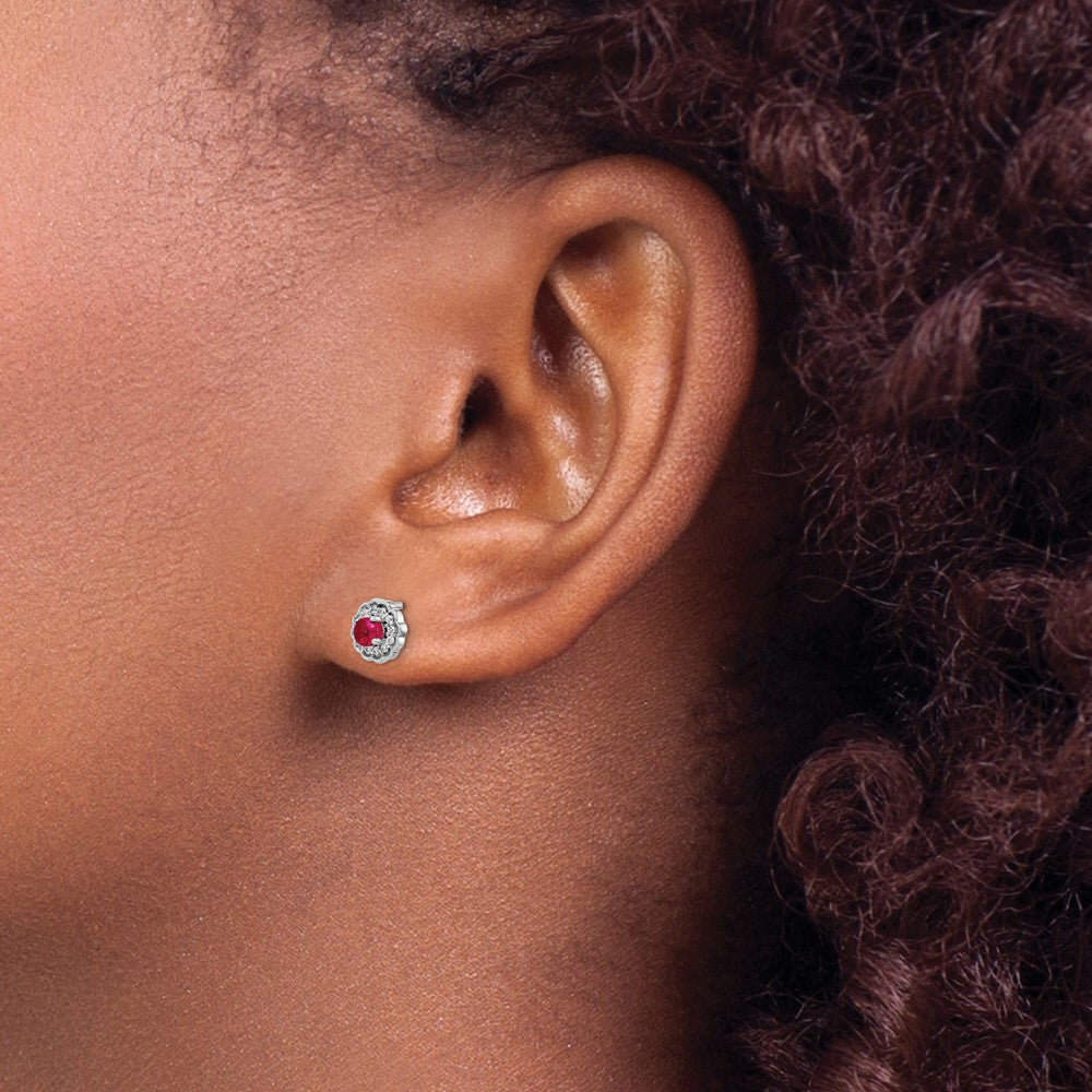 Diamond & Cabochon Ruby Earrings in 14k White Gold