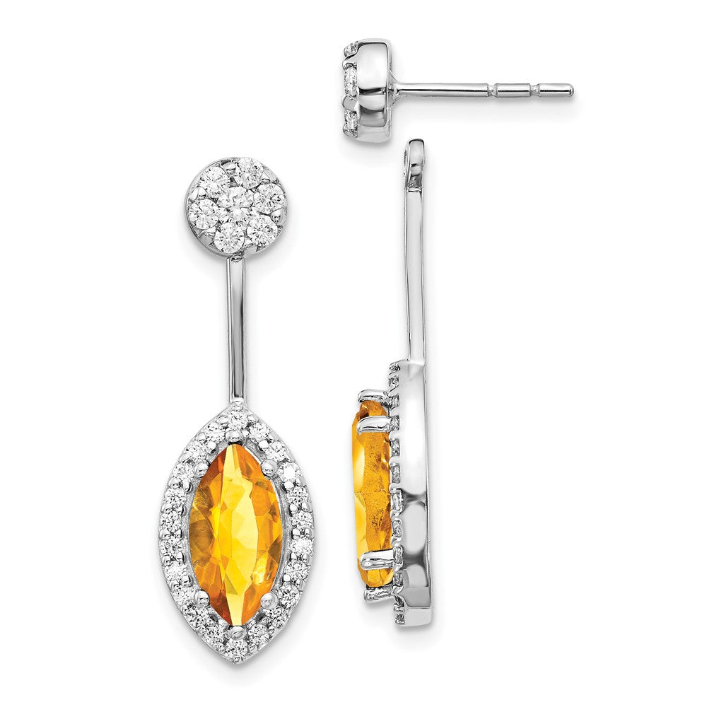 Diamond/Marquise Citrine Front/Back Earrings in 14k White Gold