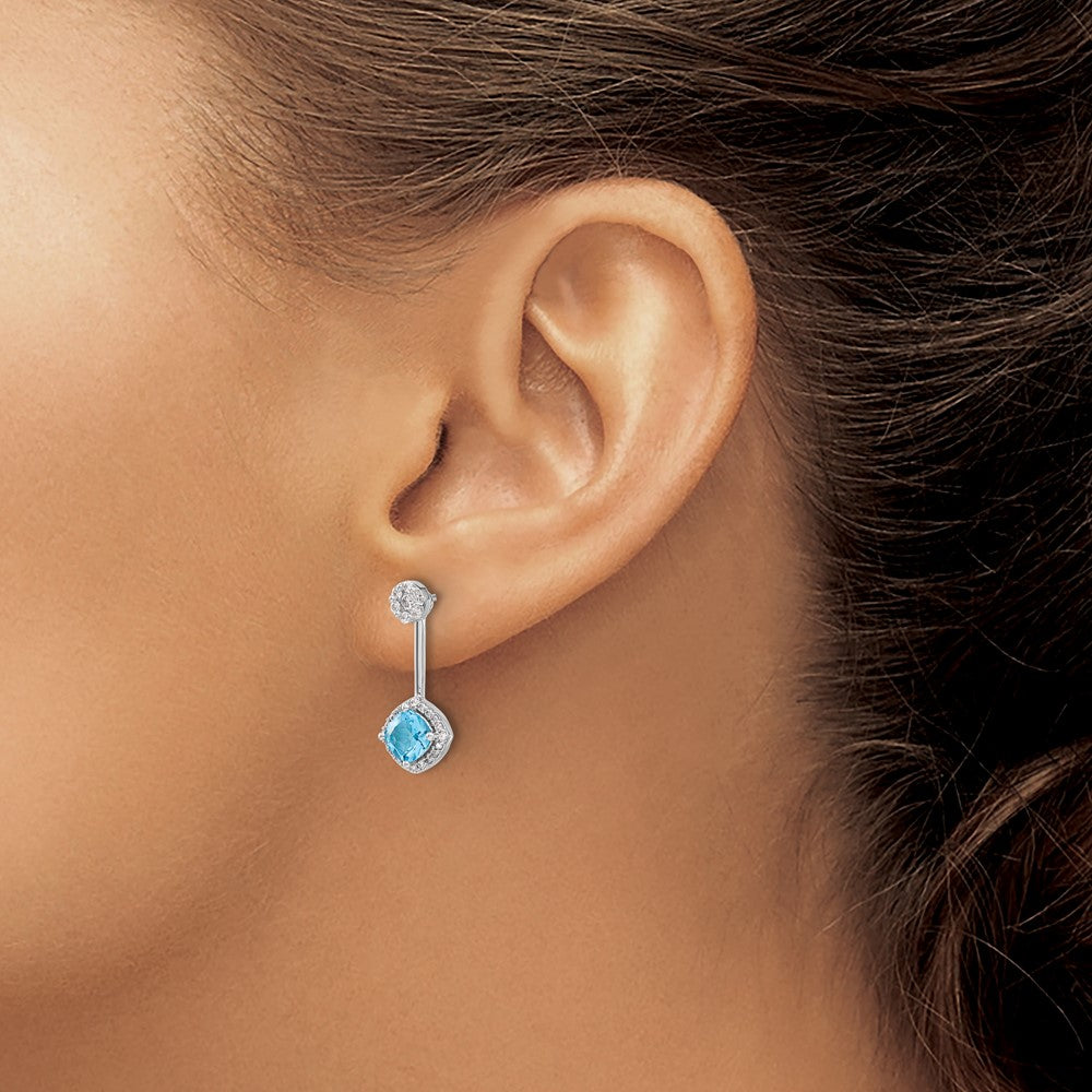 Diamond/Blue Topaz Front/Back Earrings in 14k White Gold