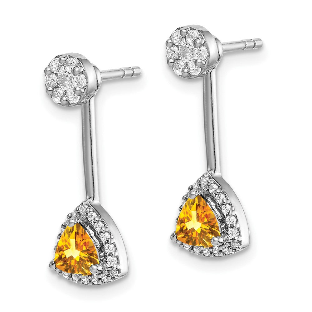 Diamond/Trillion Citrine Front/Back Earrings in 14k White Gold