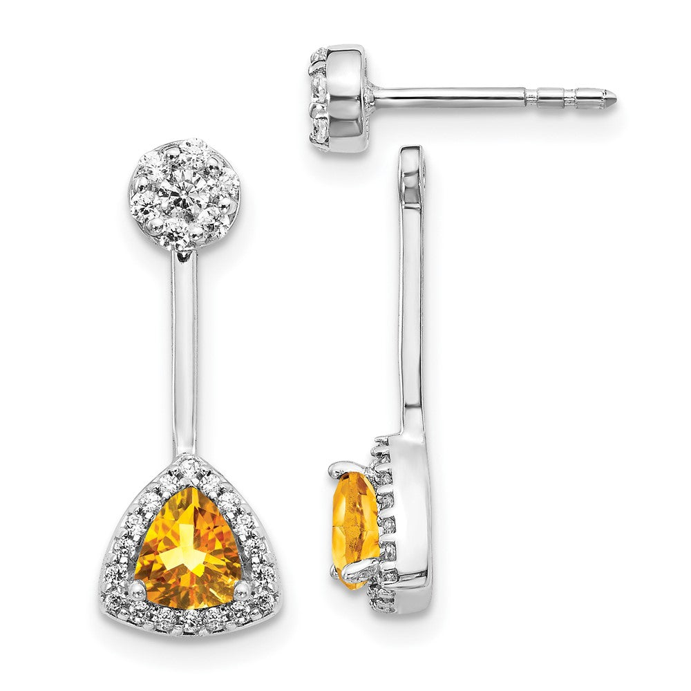 Diamond/Trillion Citrine Front/Back Earrings in 14k White Gold