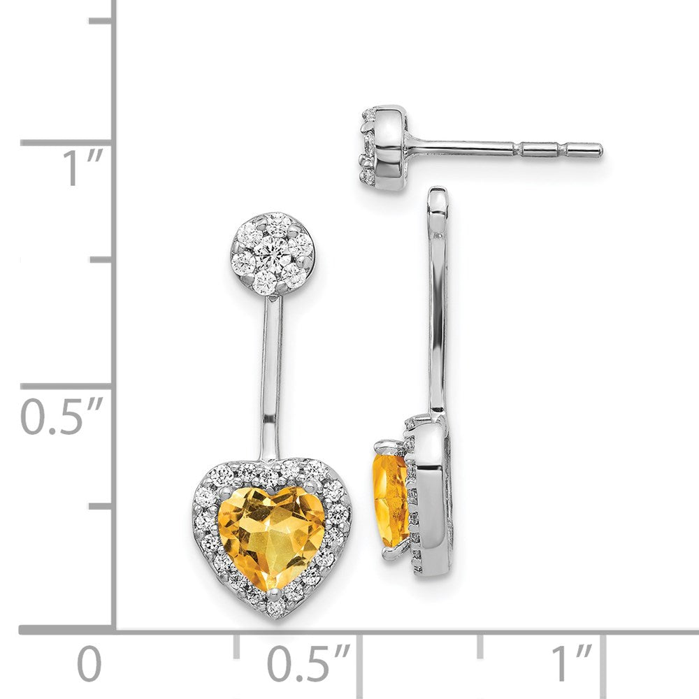 Diamond/Heart Citrine Front/Back Earrings in 14k White Gold