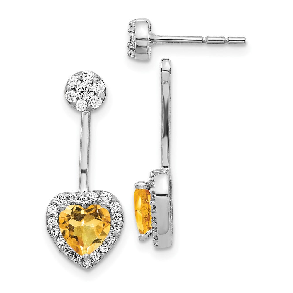 Diamond/Heart Citrine Front/Back Earrings in 14k White Gold